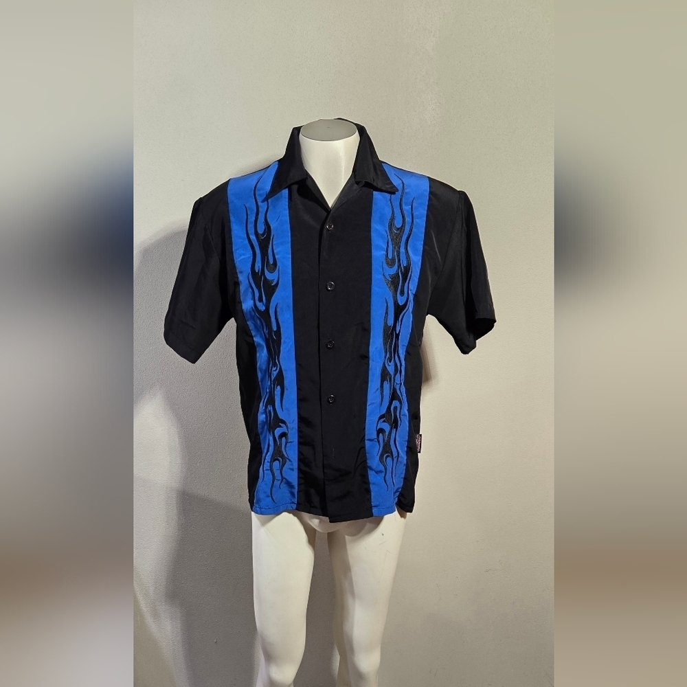 Vintage Rockabilly Black Blue Colorblock Button Up Camp Shirt Flames Men's Size